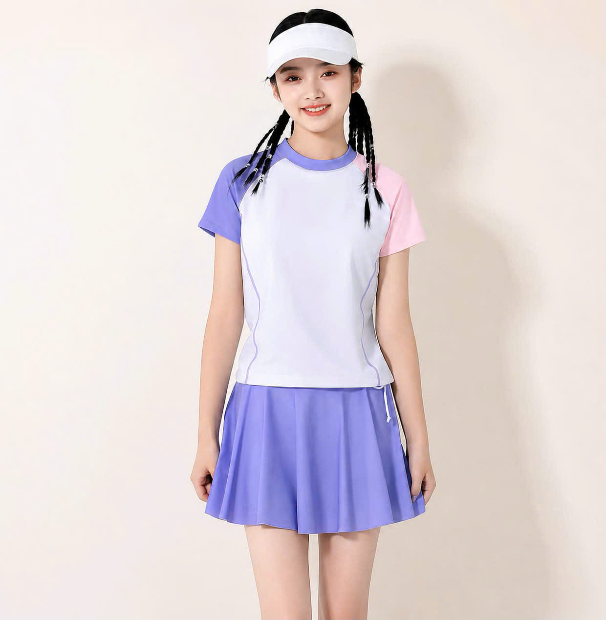 Bộ đồ bơi mẹ & bé tay ngắn 2 màu + váy xếp ly nhẹ màu tím