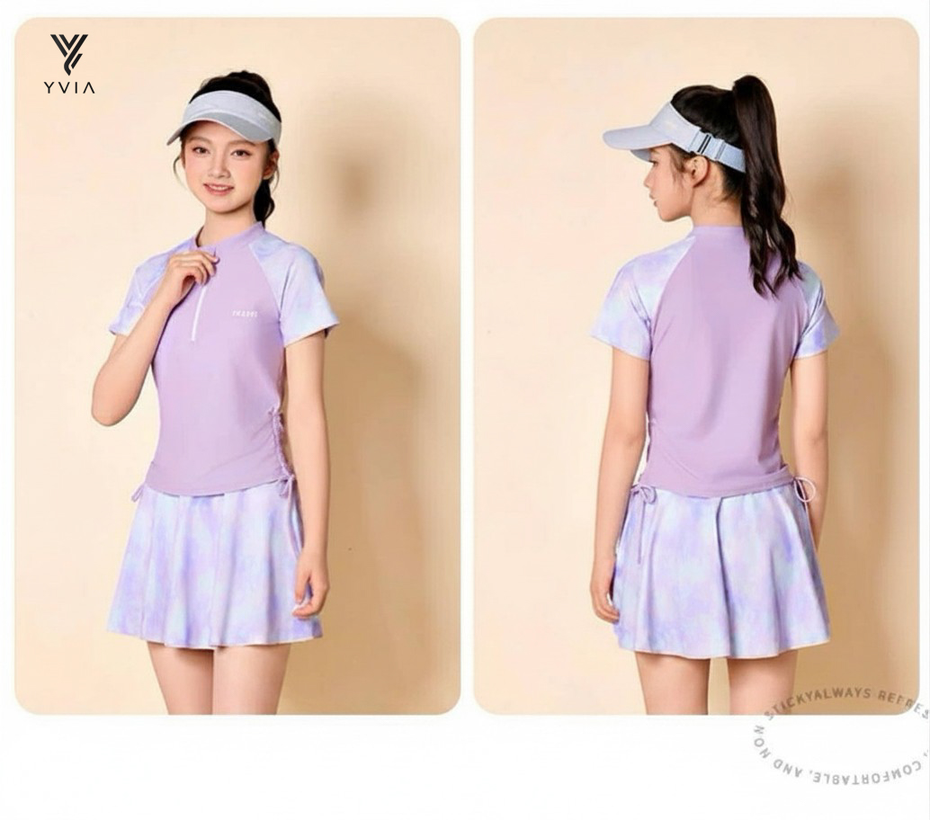 Bộ đồ bơi mẹ & bé tay ngắn khác màu có khóa kéo + váy xếp ly nhẹ