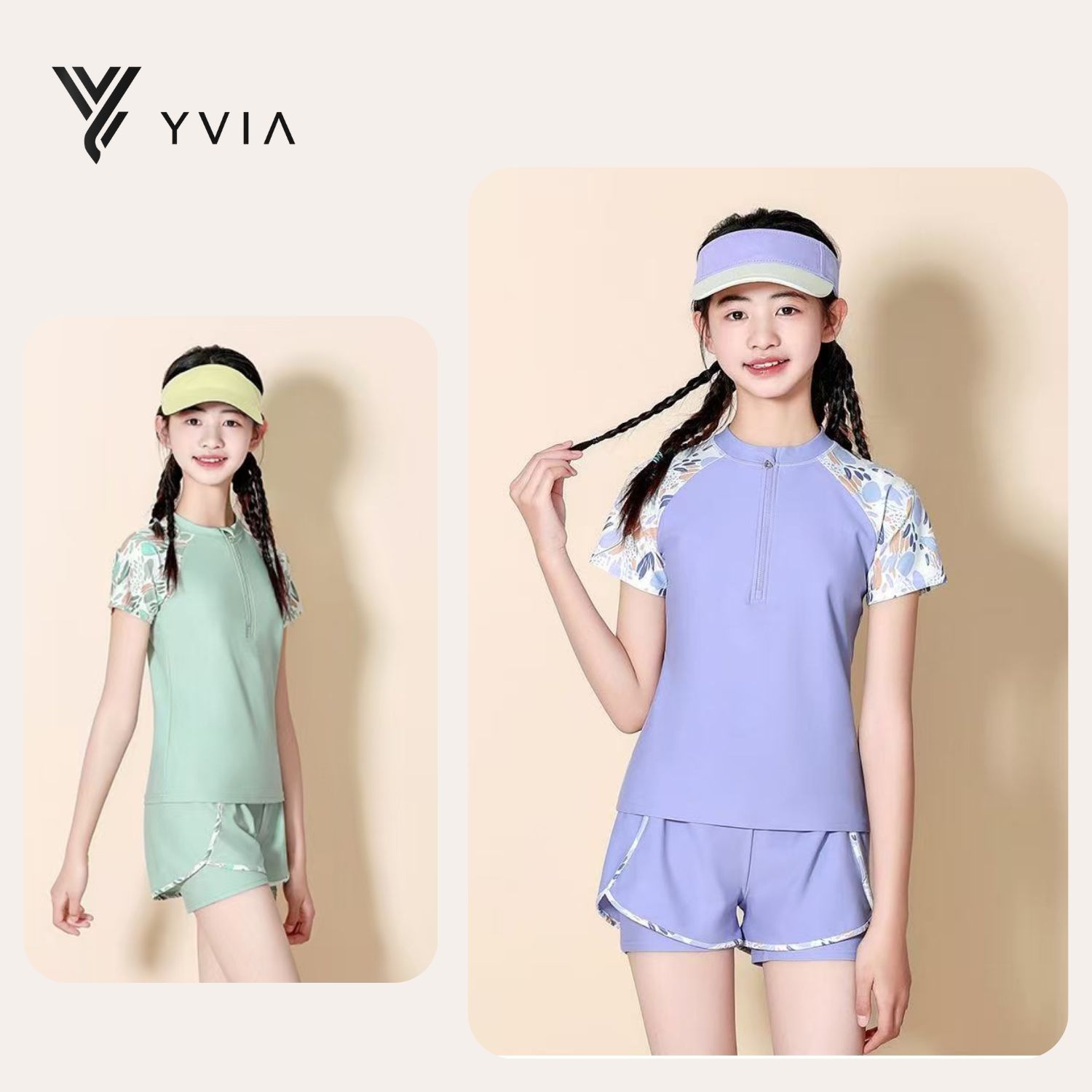 Set đồ bơi mẹ & bé tay ngắn hình hoa văn + quần 2 lớp